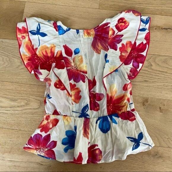 Skies are Blue - Floral Print Ruffle Short Sleeve Round Neck Peplum Top in White - Picture 5 of 5